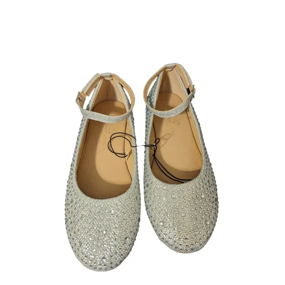 Adrienne Vittadini Girls Silver Rhinestone Ballet Flats with Ankle Strap Size 3